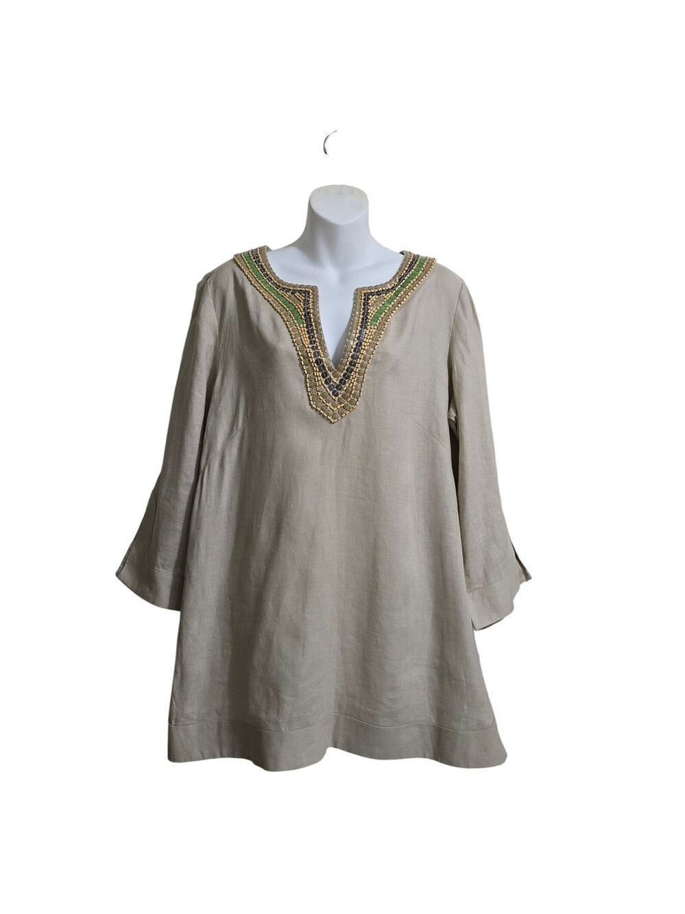 Lafayette 148 Split Neck Beaded Sequin Linen Tunic Top Sz 12